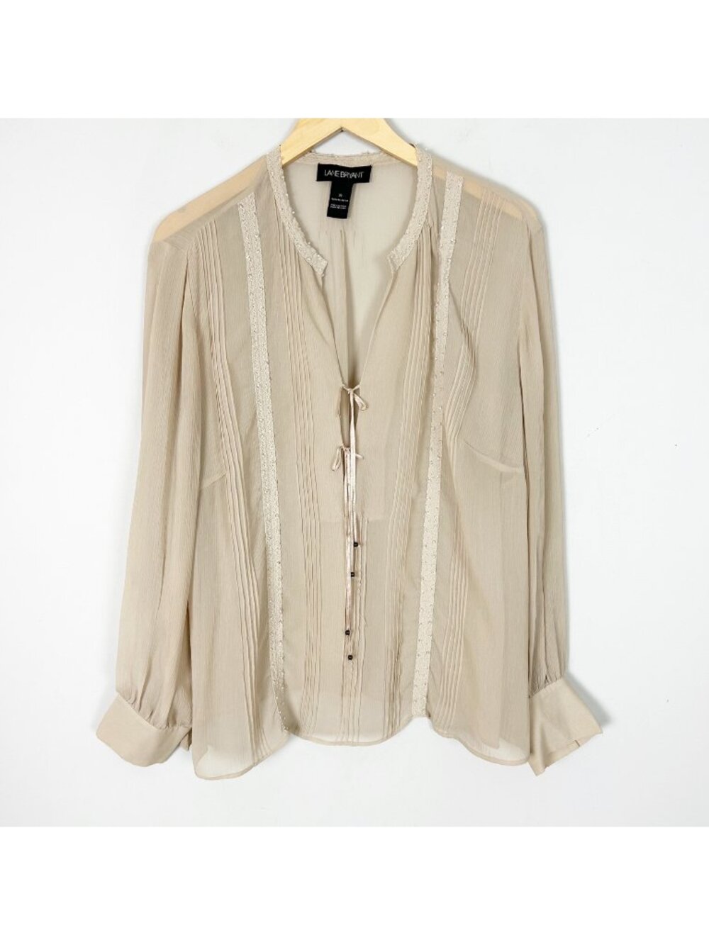 Y2K Lane Bryant Sheer Beige Top Beaded Neck Tie Front Size 20 Women's